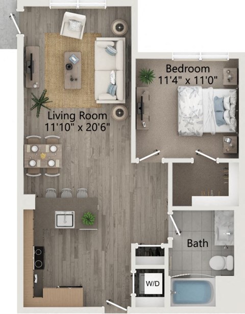 Floor plan for 1 bed, 1 bath, 727 sqft
